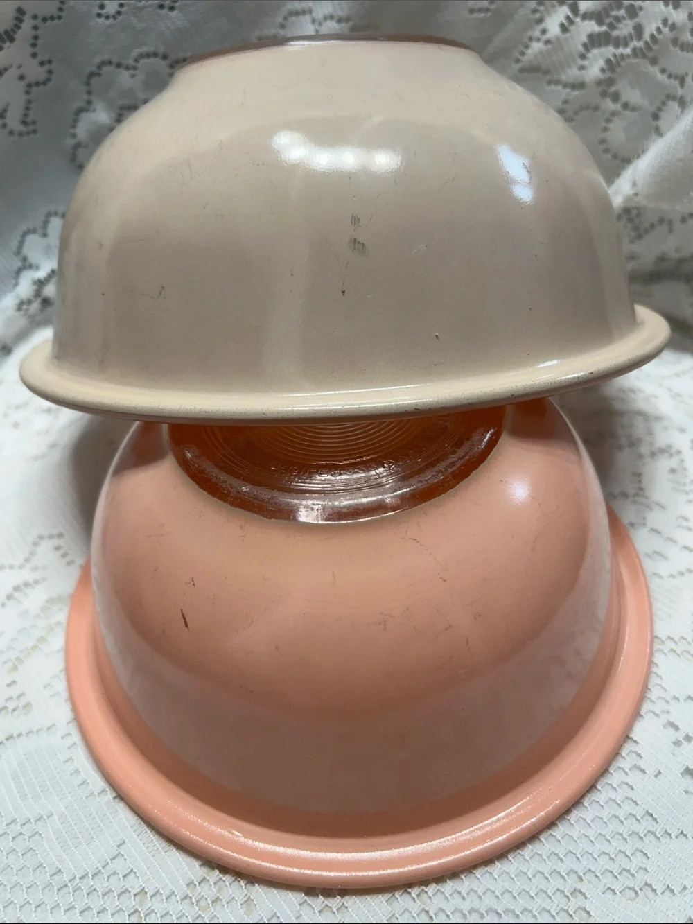 Vintage Pyrex Corning USA Peach & Brown Glass Mixing Bowls Set of 2